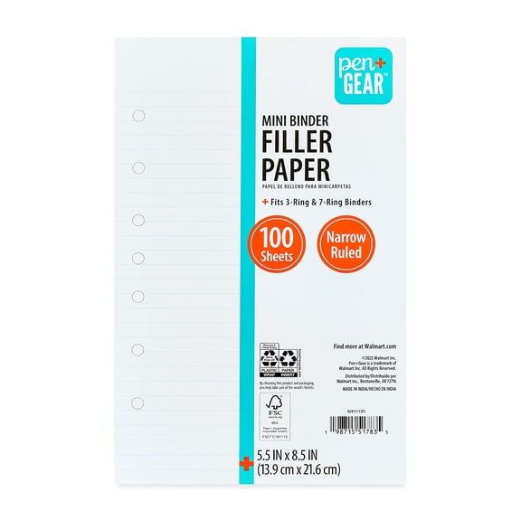 Pen+Gear Narrow Ruled Mini Binder Filler Paper, 5.5" x 8.5", 100 Sheets