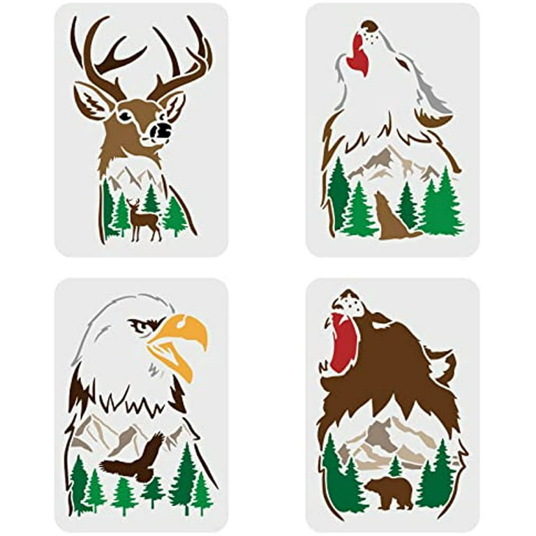 4 pcs Forest Animal Stencils Set 11.7x8.3inch Wolf Drawing Stencils Eagle  Stencil for Painting Bear Painting Stencil Deer Drawing Template DIY