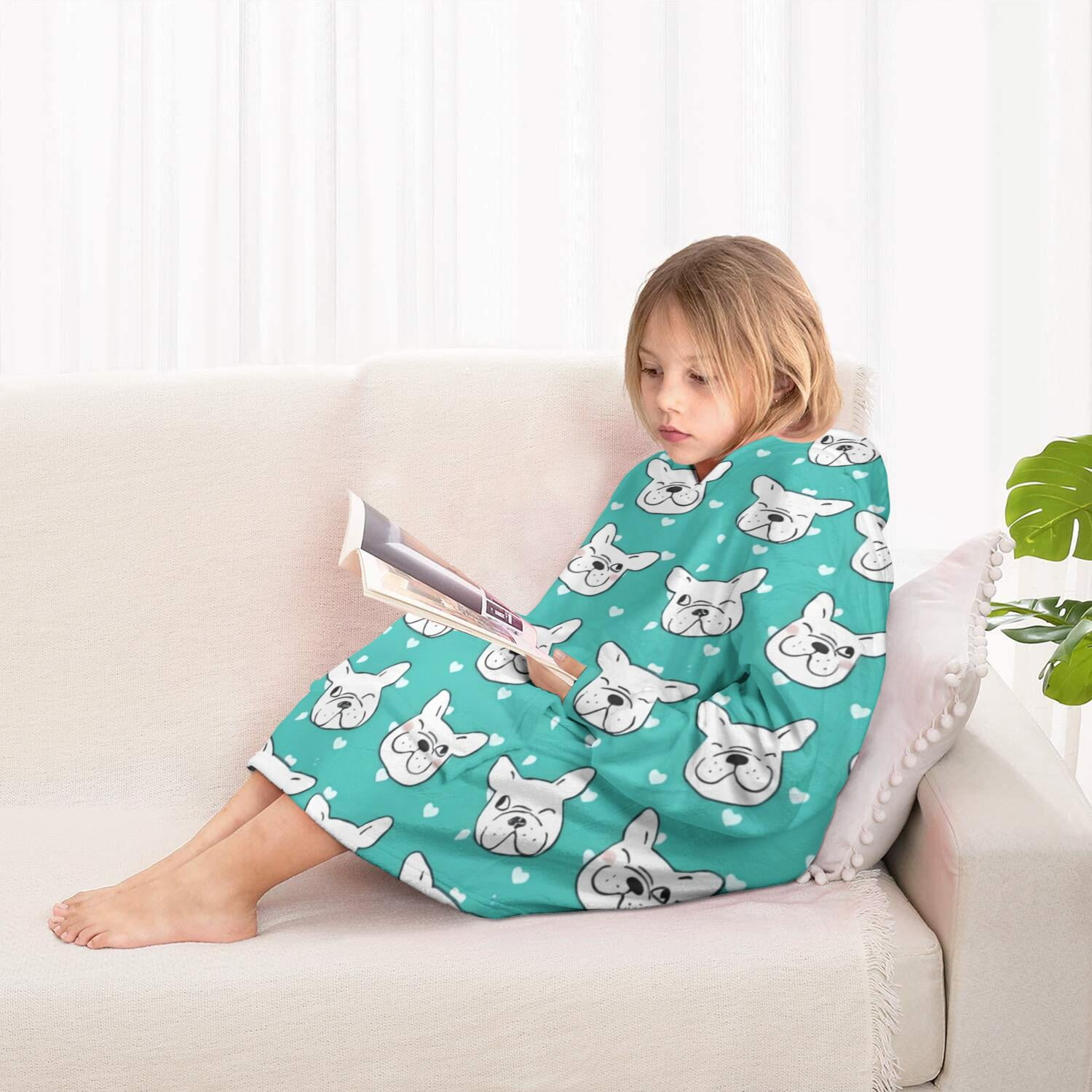 Esign Of Head Pug Dog Blanket Hoodies for Kids 6-13YR Oversize Wearable Blanket Hoodies for Boys Girls Teens