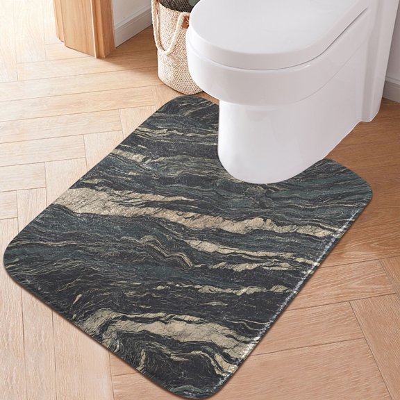Toilet Rug U-Shaped Bathroom Rugs Non-Slip Soft Plush Machine Washable Contour Bath Mat Elegant Black Marble 24x20