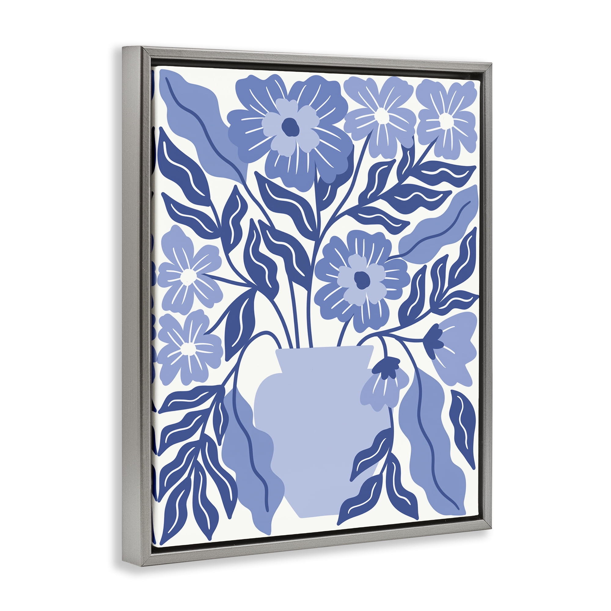 Stupell Industries Blue & White Flower Vase Plants & Flowers Painting Gray Floater Framed Canvas Art Print Wall Art, 17 x 21