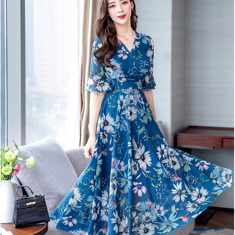 Blue floral chiffon dress online