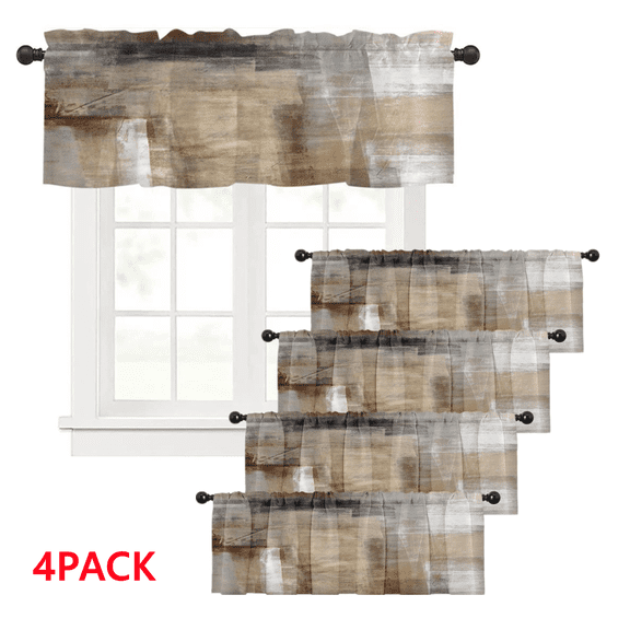 4 Pack Valances Window Treatments, Brown Abstract Modern Art Blackout Drapes Adjustable Curtain for Windows Living Room Kitchen Over Sink, 18x52 Inch Rod Pocket Valances