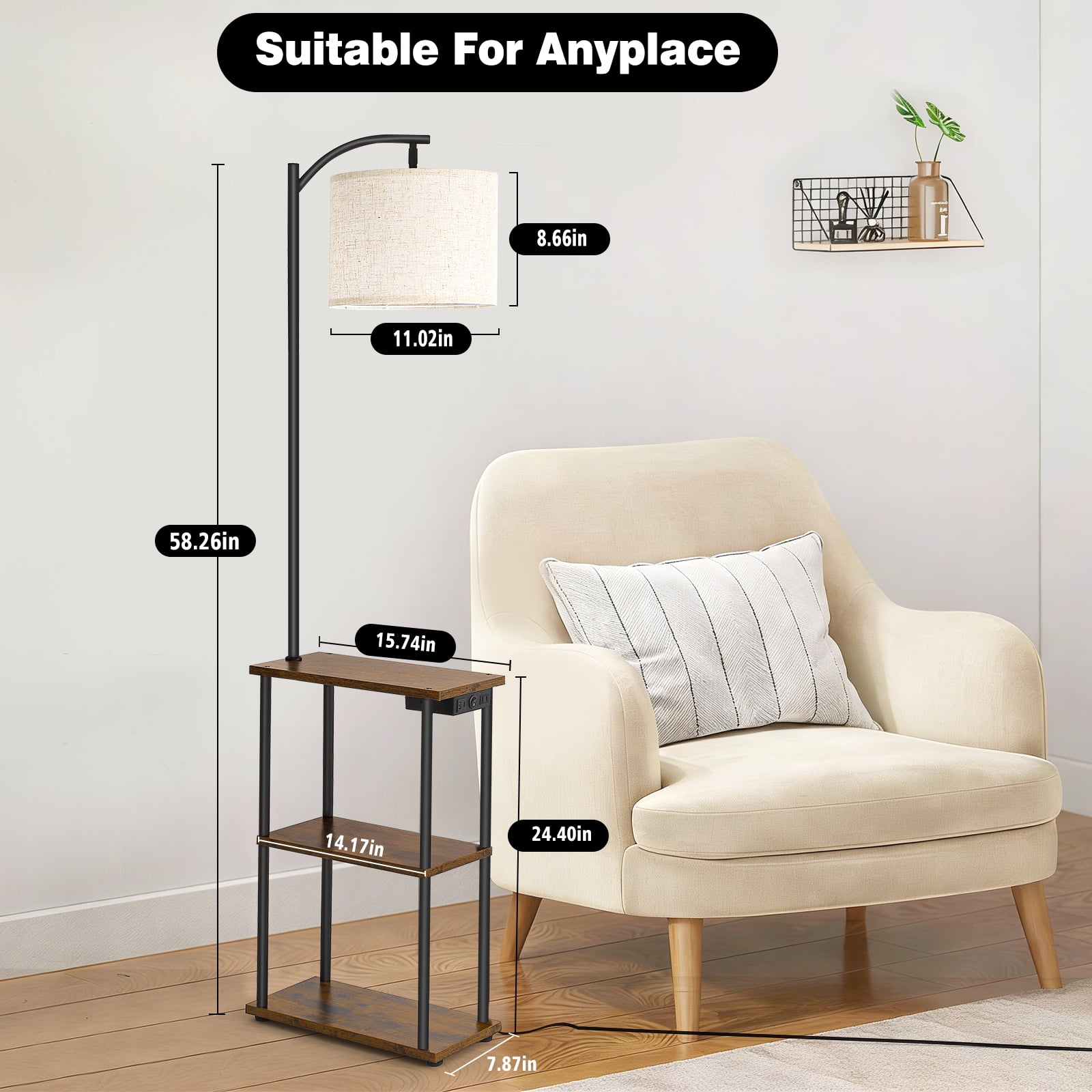 JOPESO Floor Lamp with Table, End Table for Living Room with Lamp & Charging Station(USB & Type-C & AC Port), 3 Color Temperatures LED Bulb