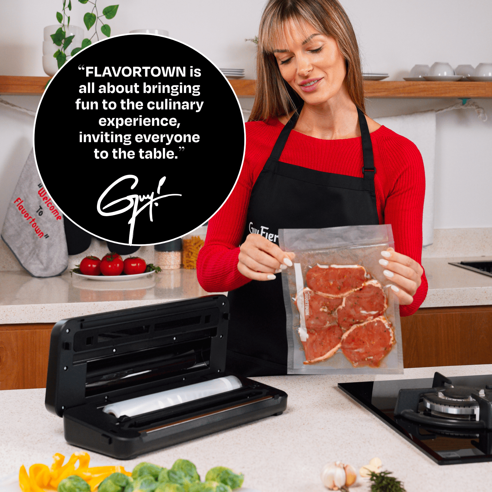 Guy Fieri's Flavortown Compact Vacuum Sealer with Built-In Roll Storage and Dry & Moist Modes - Includes Starter Kit (5) Quart Size Bags, 10ft Roll, and Accessory Hose for Containers and Bottles