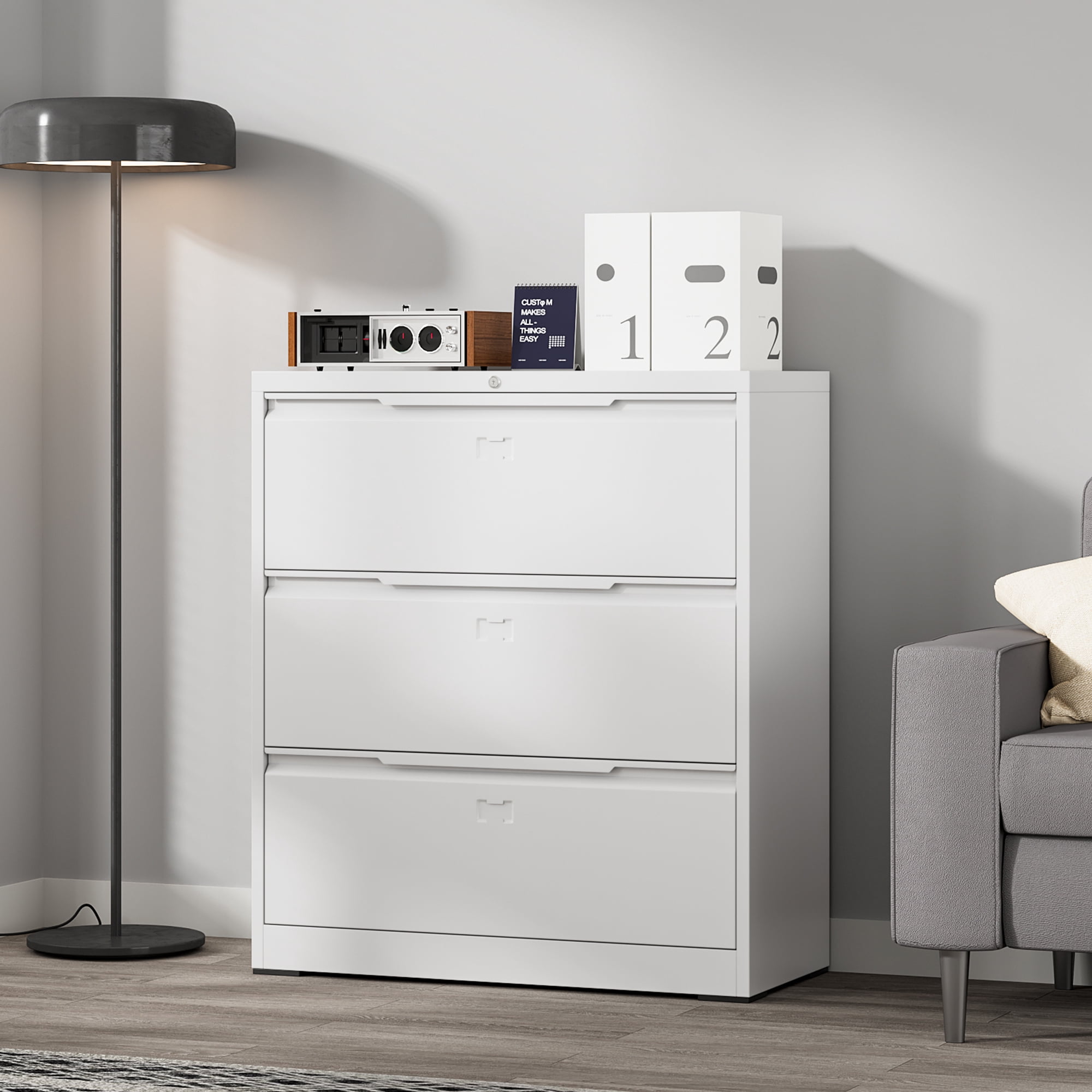 Coolsun Lateral File Cabinet, 3 Drawer File Cabinet with Lock, Wide Filing Cabinet for Home Office, Metal Locking Cabinet for Hanging A4/F4/Letter/Legal, Assembly Required (White, 3 Drawer)