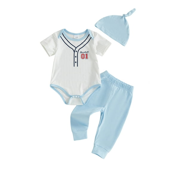 Caoirhny Baby Boy's Clothing Sets Fashionable Baseball Printed Short Sleeve Romper with Pants, Hat 2Pcs Outfits