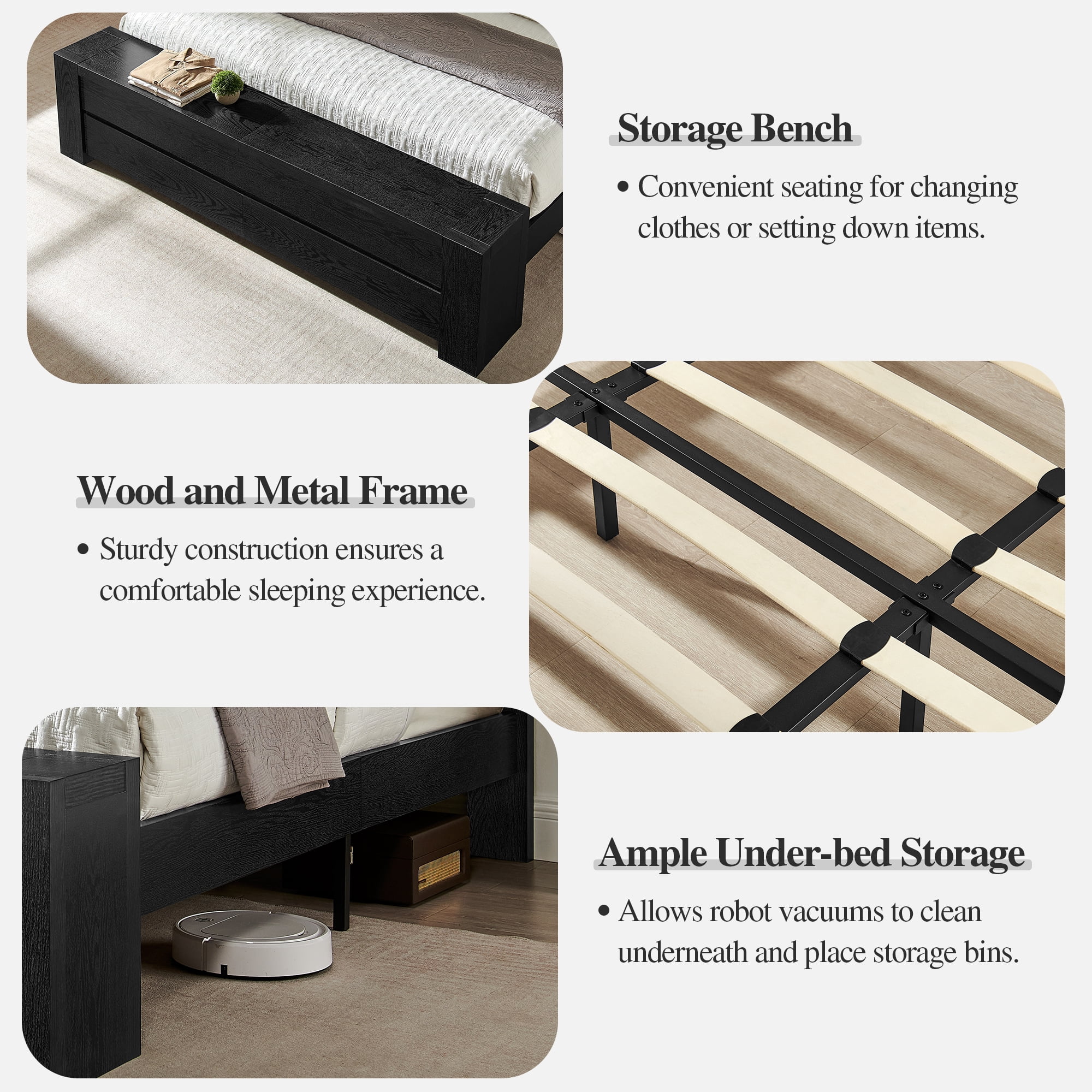 KeyWhat Modern King Size Storage Bed Frame with Panel Headboard, Footboard Storage Bench, Built-In Drawers, Lift-Up Compartments, No Box Spring Needed, Black Oak