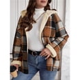 thumbnail image 4 of Women's Plaid Shirt Jacket, Long-Sleeved, Zip-Up Fleece Hooded Coat, Warm Overcoat Khaki Checkered S, 4 of 7