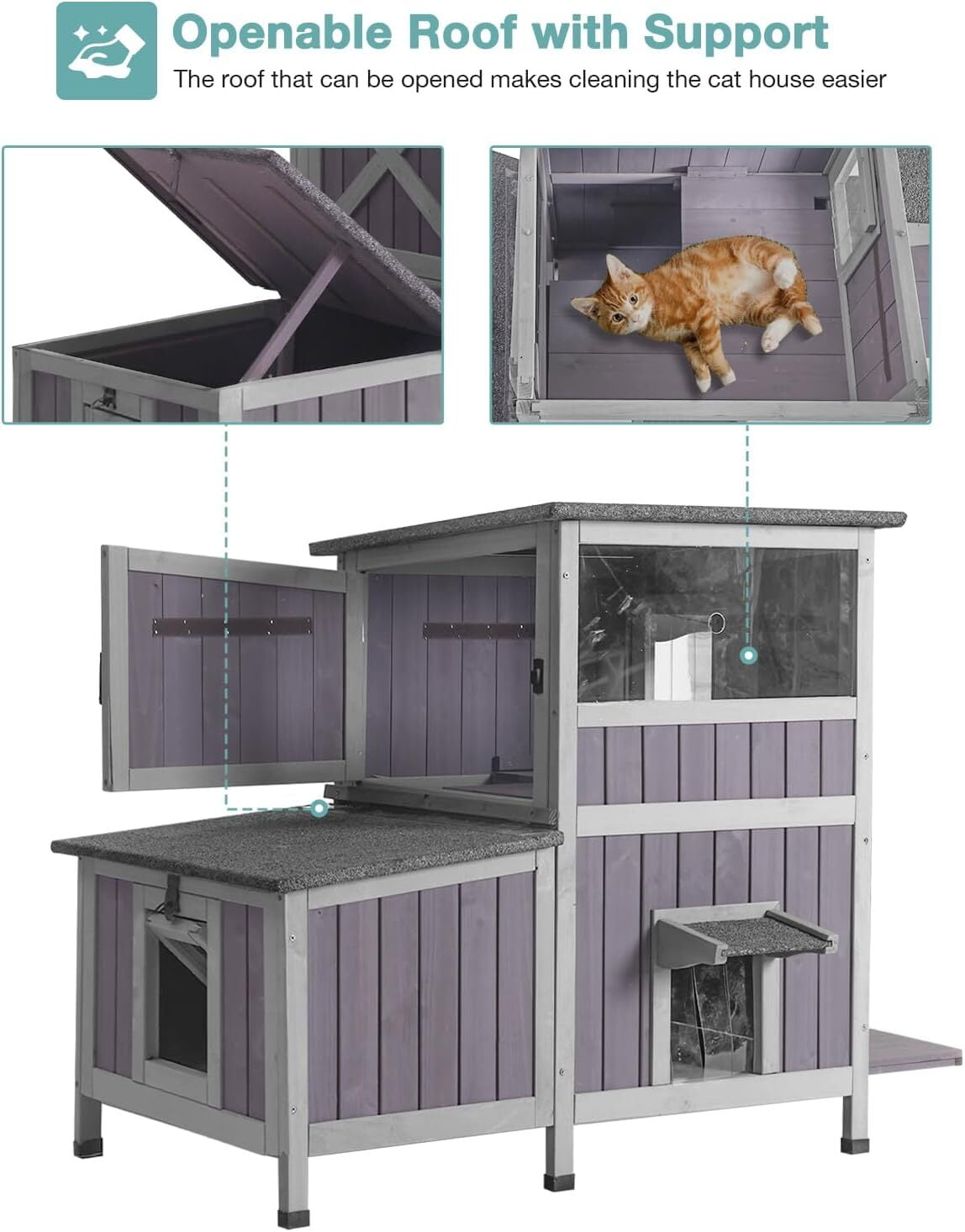 MEDEHOO Outdoor Cat House Weatherproof, Two-Story Wooden Cat Shelter with Escape Door, PVC Curtains, Removable Floor & Waterproof Roof, Raised Outside Cat House for Feral Cats