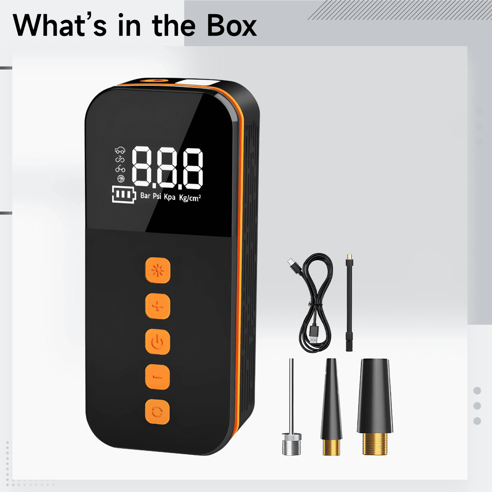 Cordless Portable Air Compressor, Electric Air Pump with Preset Tire Pressure, USB Output, LED Display, High Pressure, 4 Units, 3 Nozzles, Car Tire Inflator