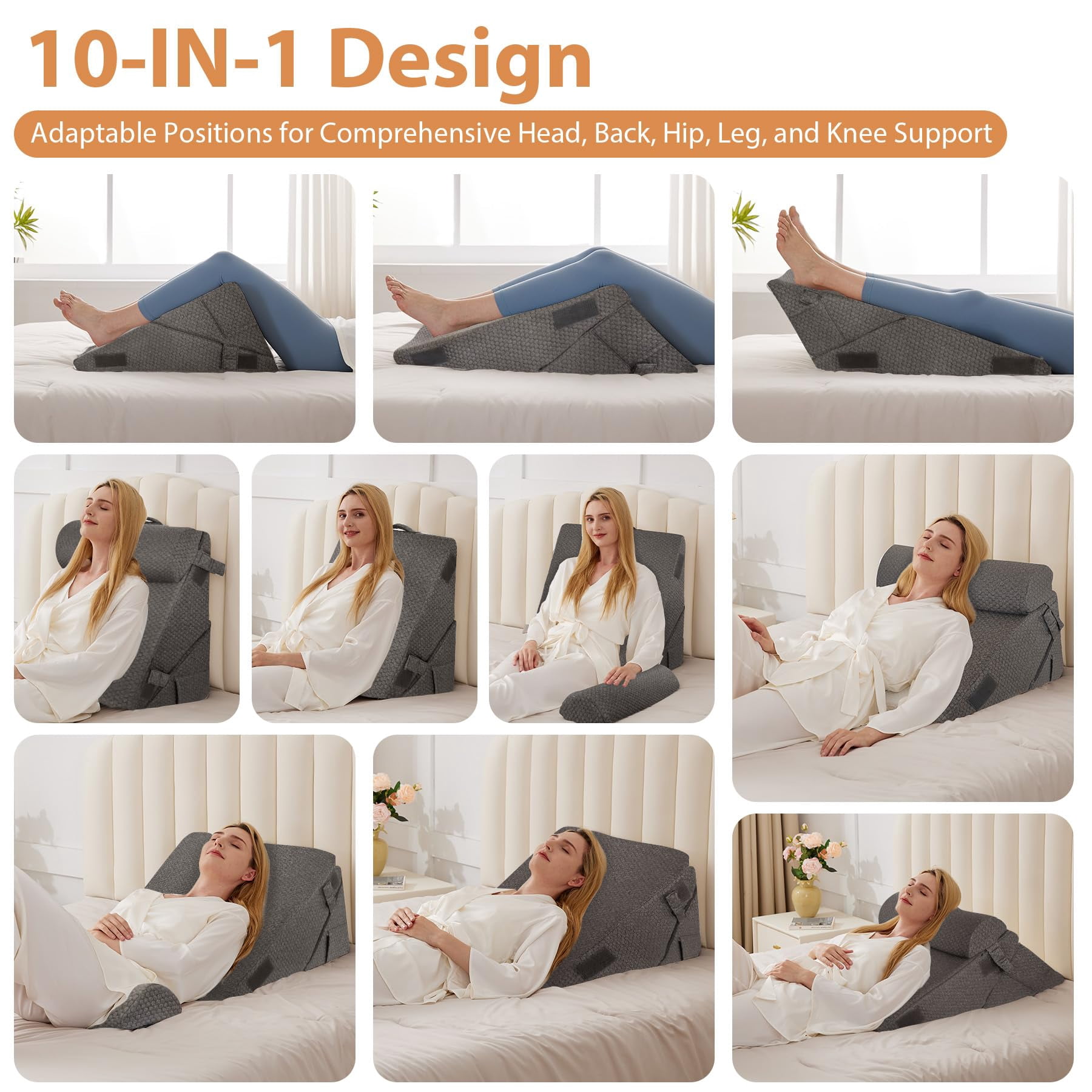 Bed Wedge Pillow Set 3pcs  Adjustable Memory Foam For Triangle Pillows Acid Reflux Dark Grey