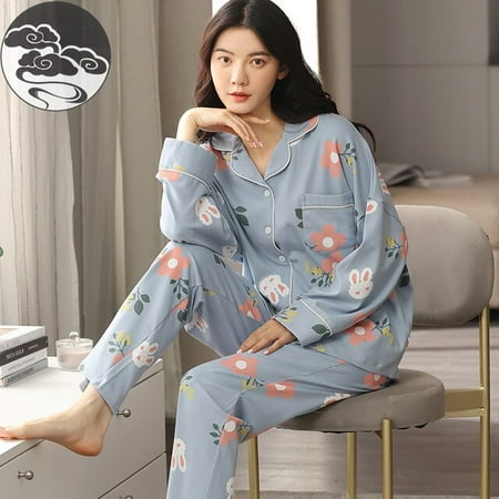 

QWZNDZGR Spring Autumn Black Knitted Cotton Elegant Lady Women Pajama Sets Sleep&Lounge Plaid Pants Pajamas Women s Fashion Sleepewear
