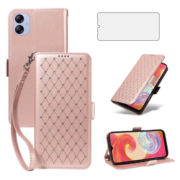 Asuwish Samsung Galaxy A05 4G Wallet Case, matte Leather Flip Cover with Wrist Strap, 3 Card Holder Slots, Kickstand & Shockproof – Rose Gold
