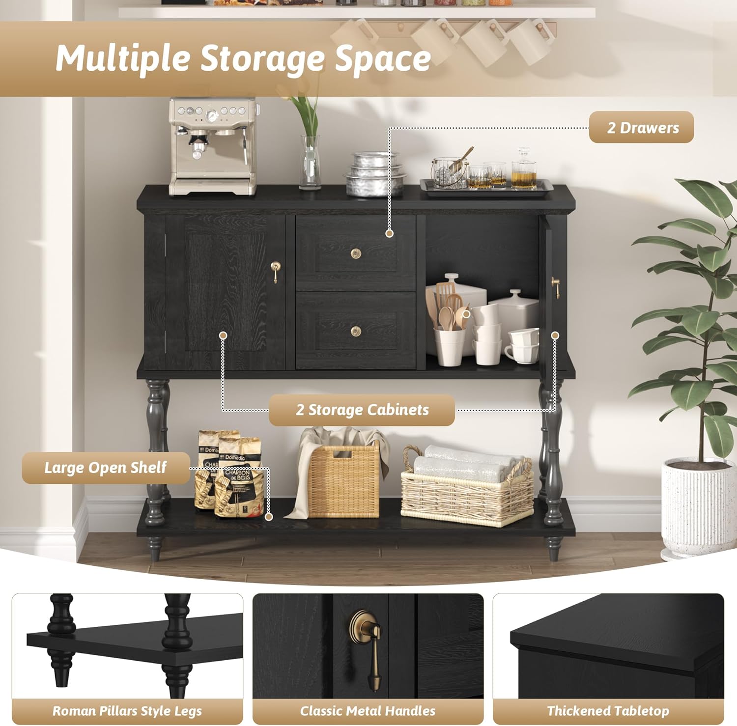 QinaQin Entryway Table with 2 Drawers,Vintage Console Table with Storage Shelf and 2 Doors,Farmhouse Buffet Sideboard Cabinet for Hallway,Entryway,Black