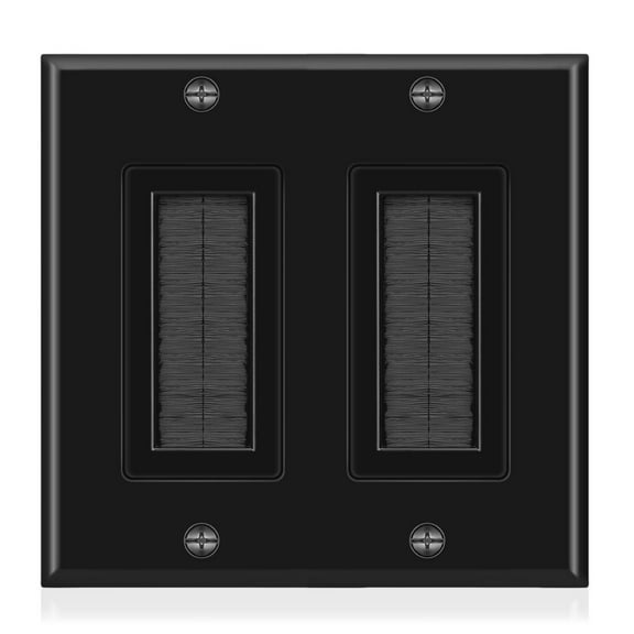 Brush Wall Plate - Double 2 Gang Cable Entry Access Brush Bristles Style Strap Opening Port Insert Socket Wiring Plug Jack Decorative Face Cover Outlet Mount Panel (Black)