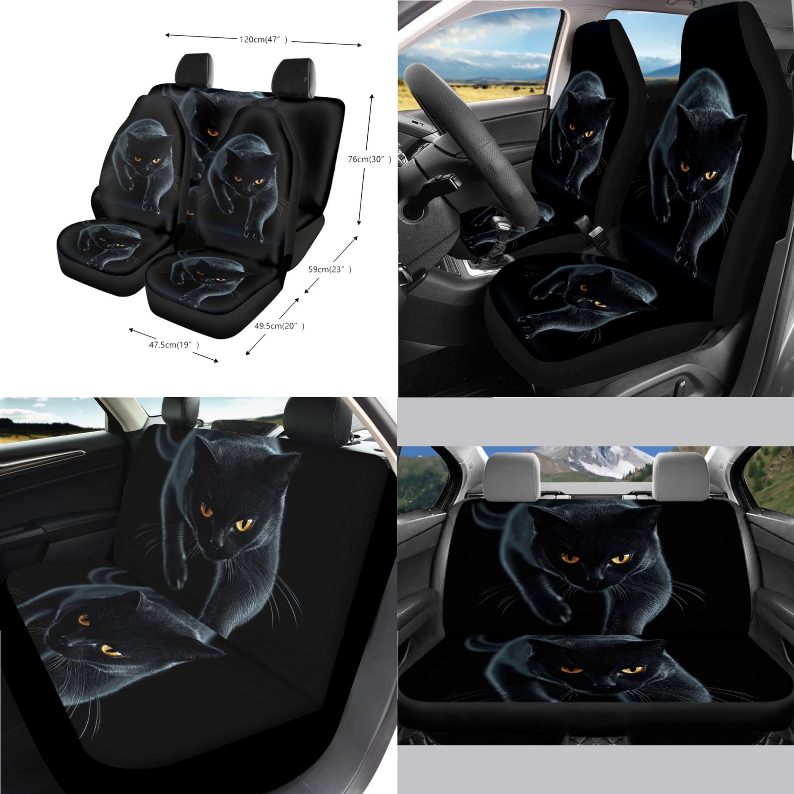 Jeiento Black Cat Car Seat Covers Front Back Seats Set of 14 Steering Wheel Cover Seatbelt Cushion Pad Trash Bin Armrest Cover Cushion Rearview Mirror Cover Gear Shift Knob Cover Set Cup Holder