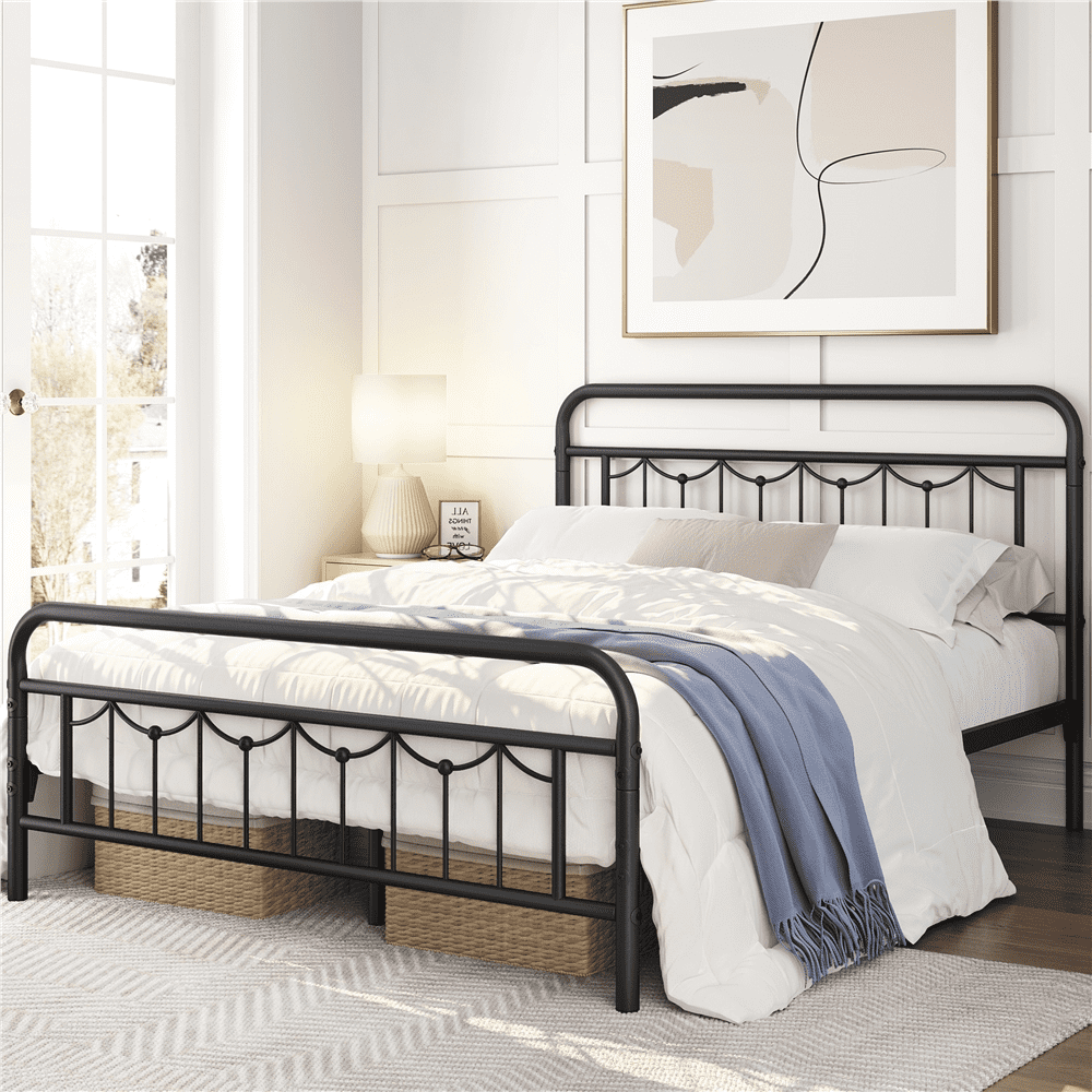 Alden Design Metal Platform Full Bed with Vintage Headboard, Adult, Black