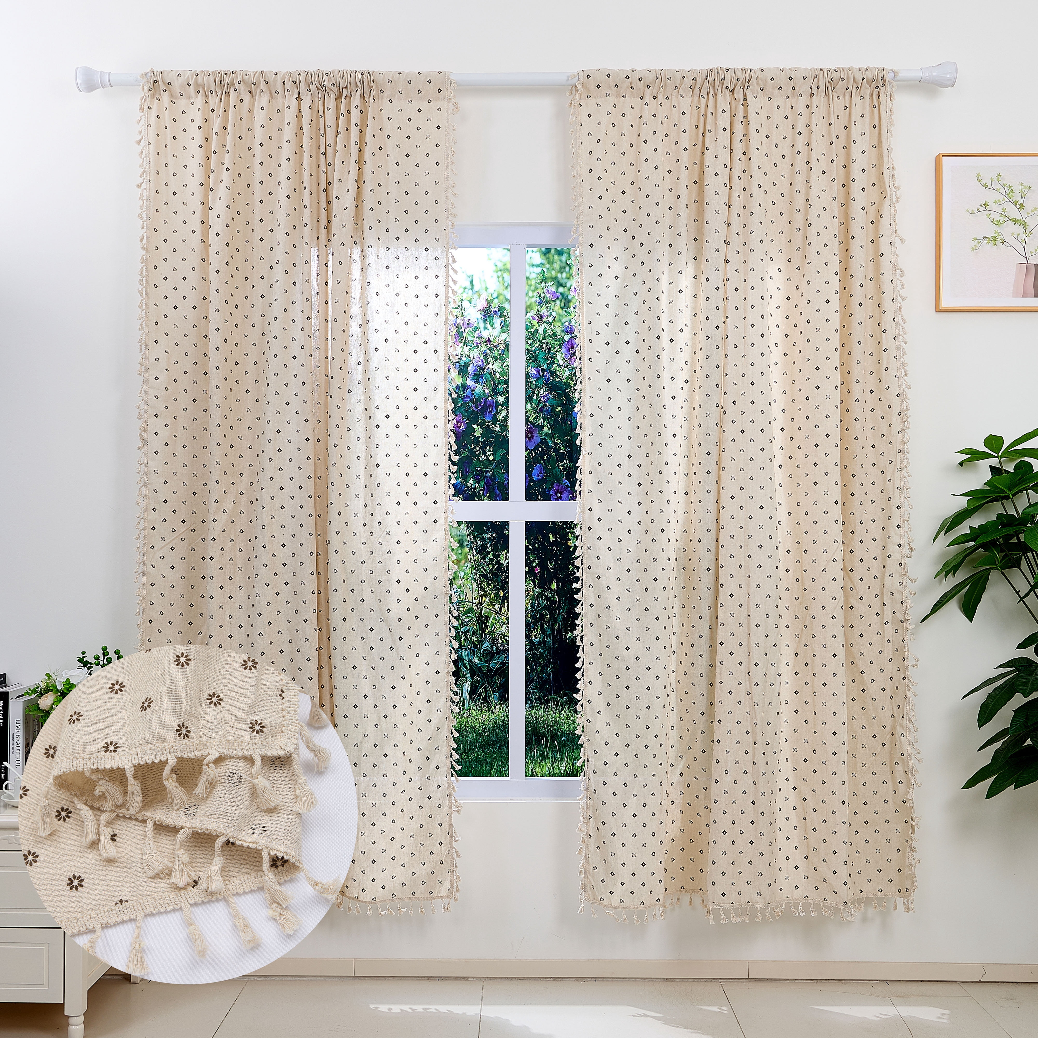 Lfeey Linen Blend Curtain Daisy Floral 96 Inches Long, Rod Pocket Curtains for Living Room, 2 Panels