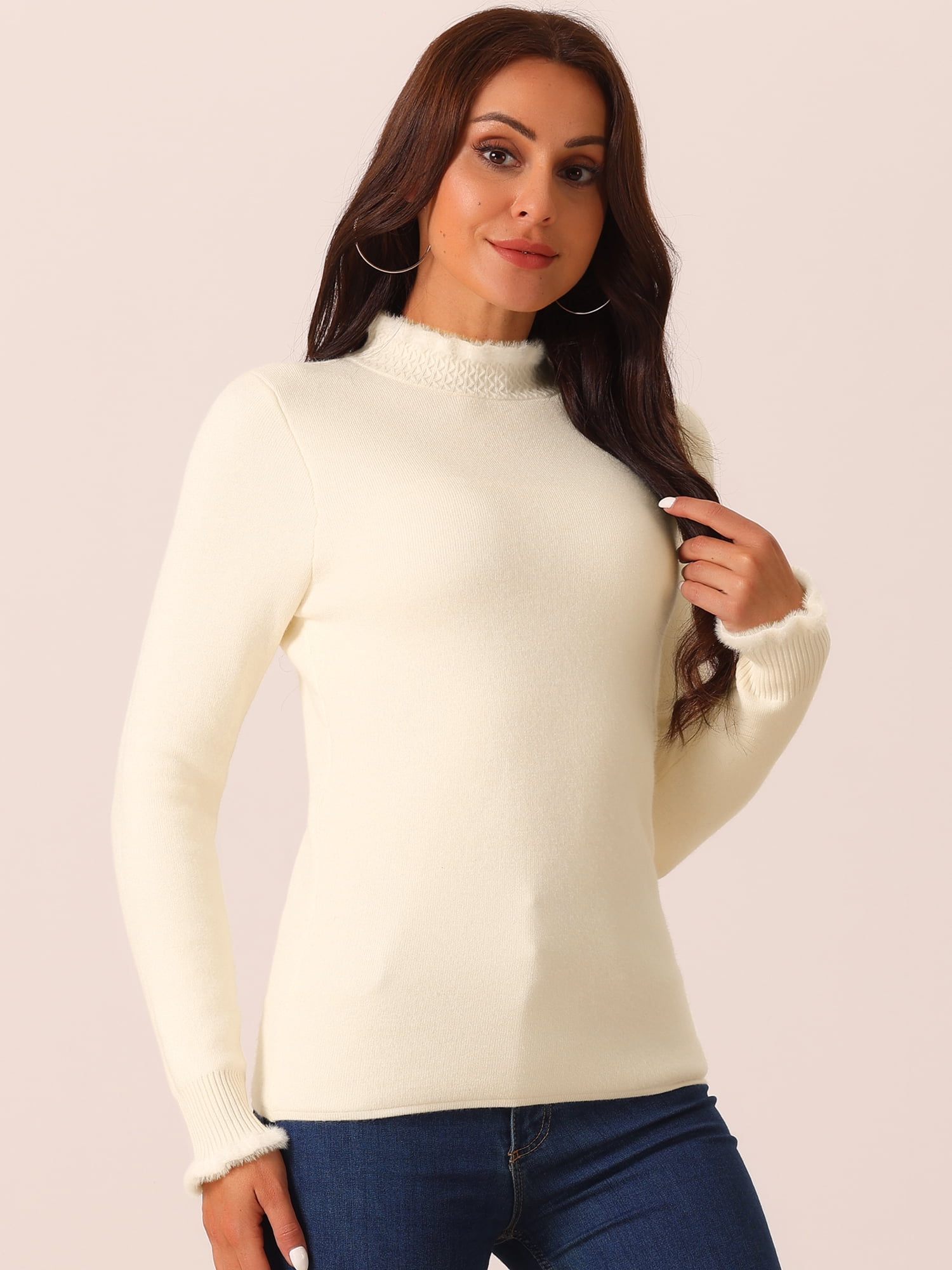 DARING DIVA Fluffy Lined Sweater Mock Neck Long Sleeve Top M Apricot