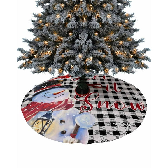 Christmas Snowman Christmas Tree Skirt 36 Inches Large Christmas Skirt Tree, Xmas Winter Snowflake Birds Black White Plaid Tree Skirt Christmas Decorations for Fireplace Party Holidays Indoor Outdoor