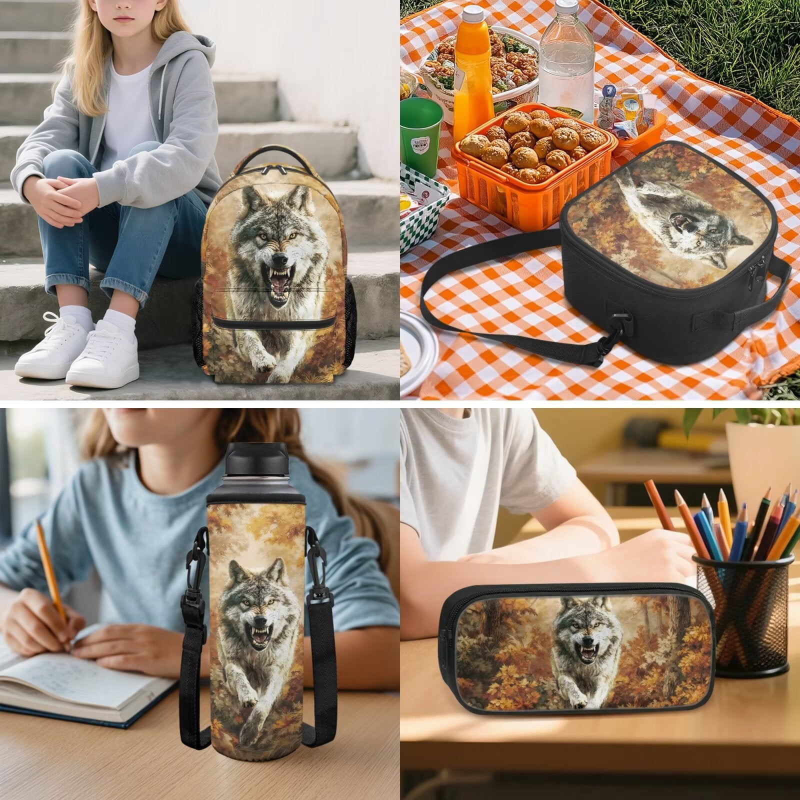 Pzuqiu Wolf Print Back Pack for School Boys 5 pcs Kids Backpacks for Boys Lunch Bag with Water Bottle Holder Pencil Bag Cute Travel Rucksack Camping School Bag