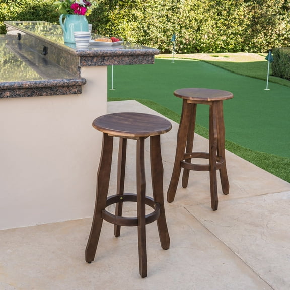 Portola Outdoor Acacia Wood Barstools, Set of 2, Dark Brown