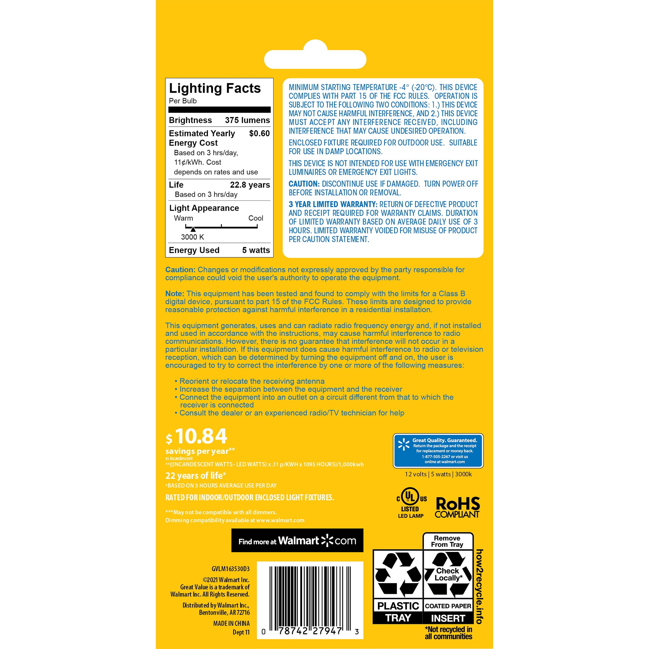 Great Value LED Light Bulb, 5 Watts (35W Equivalent) MR16 Lamp GU5.3 Base, Dimmable, Soft White, 3-Pack