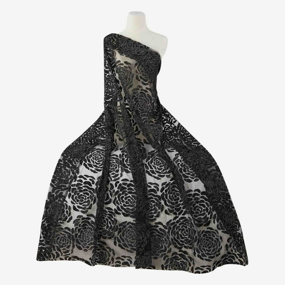 Zelouf Glitter Flock Rose Mesh , Sewing, DIY, Crafts Fabric by the Yard, Black/silver, 3 Yard