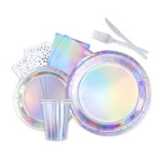Iridescent Party Decorations CORNET Set - 9 Inch Plates, 7 Inch Plates, Napkins, Cups, Forks, Knives, Spoons, Straws, Silver Tablecloth - 177 Pieces - Perfect for Parties and Events