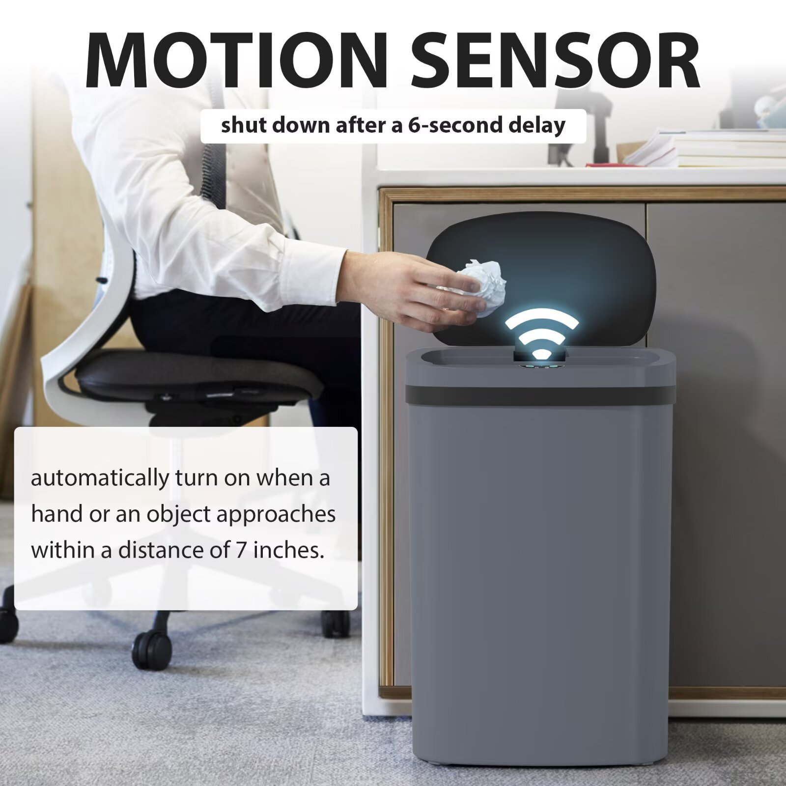 YRLLENSDAN 13 Gallon Trash Can Motion Sensor Touchless Automatic Garbage Cans with Lid and Odor Filter for Kitchen Bedroom Office Living Room, Gray
