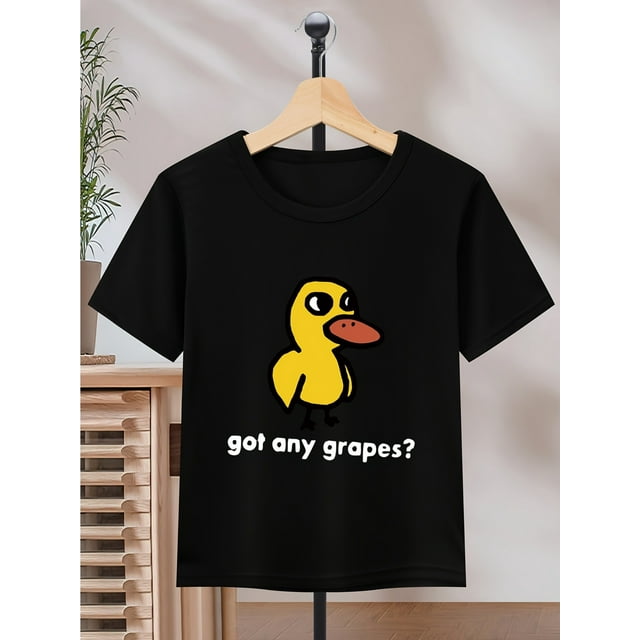 Boys' Quick-Dry Casual Short Sleeve T-Shirt - Cartoon Duck & "Got Any Grapes?" Graphic Print Relaxed Fit Summer Tee Machine Washable Casual Wear Relaxed Fit Tee Comfortable Shirt Tween Boy Clothes