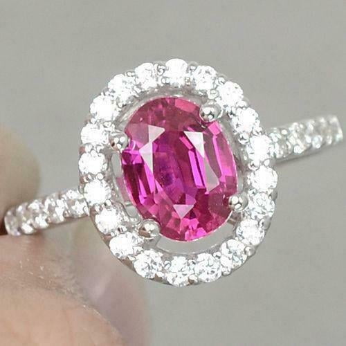 HeartsAndYou 2ct Oval Cut Natural Pink Sapphire & Moissanite Halo Ring 14k SOLID White Gold
