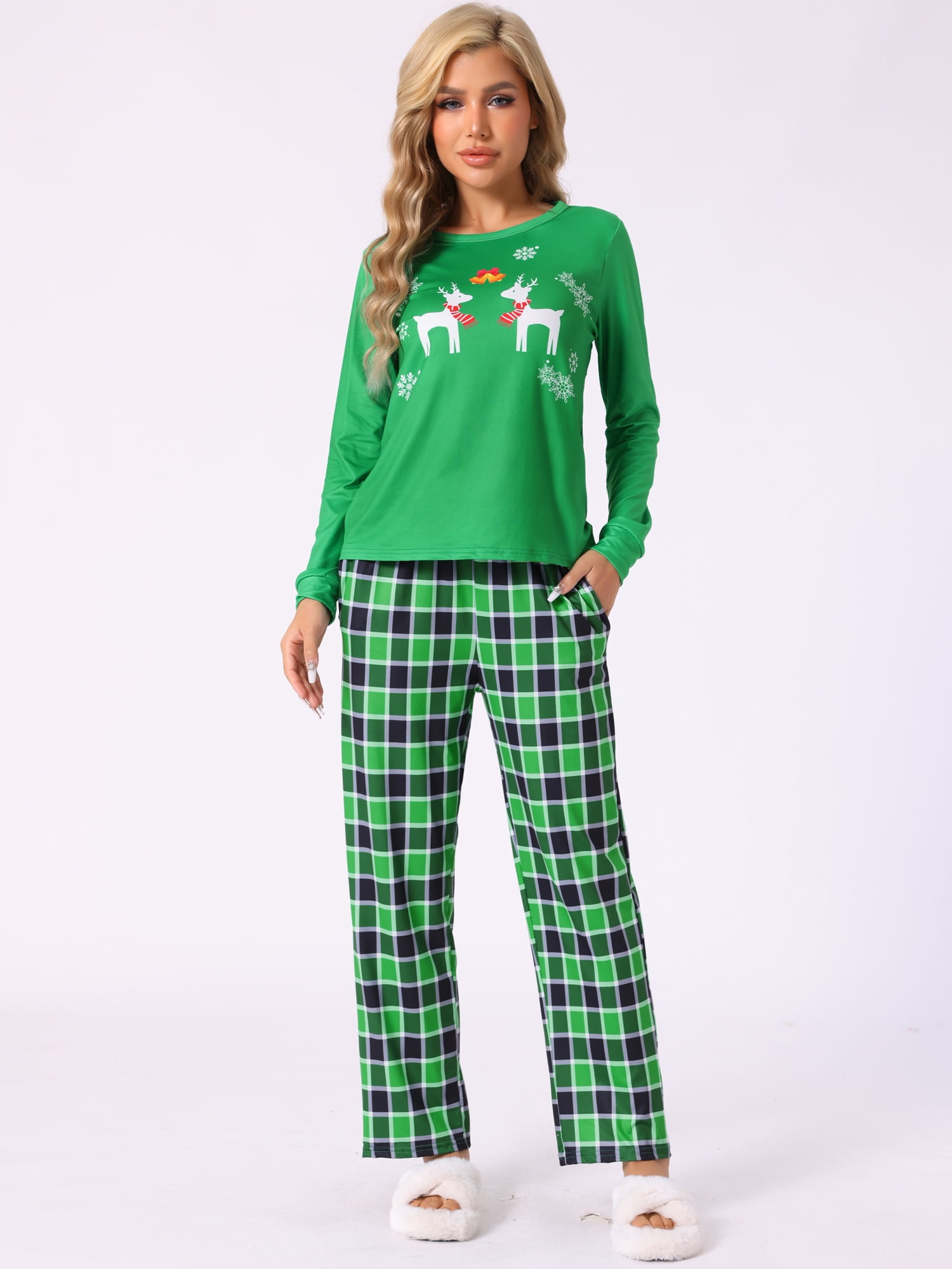 DARING DIVA Christmas Elk Printed Plaid Family Pajama Long Sleeve Tops with Pants Set XL Women Green