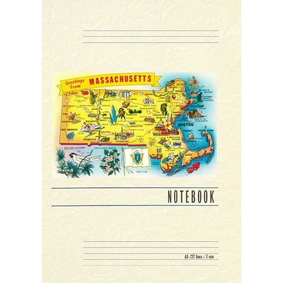 Vintage Lined Notebook Greetings from Massachusetts, Map, (Paperback)