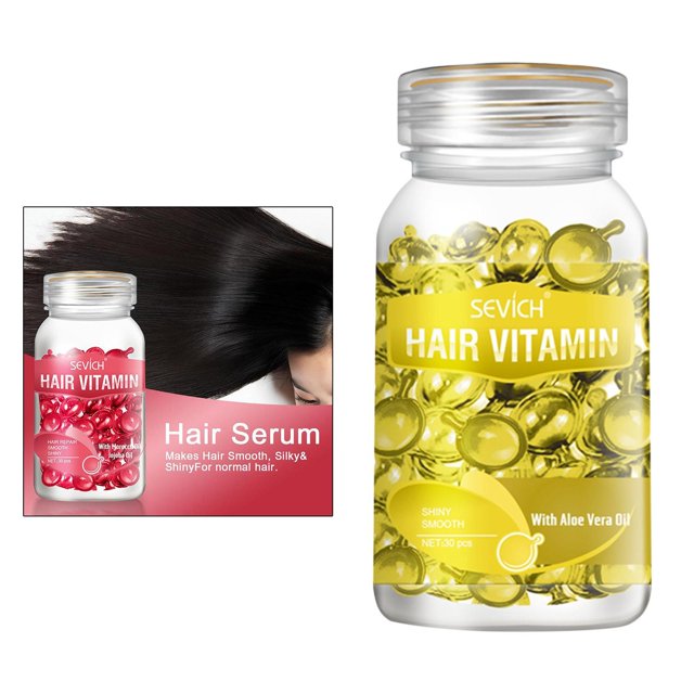 tratamiento anti encrespamiento cabello suave y cápsulsencia argan aceite de aguacate acondicionamiento - amarillo frasco frontal centrado con 30 cápsulas de suero amarillas translúcidas dentro, etiqueta blanca y amarilla que indica 'Hair Vitamin'; frasco plástico transparente con tapa roscada, formulado para controlar el frizz y acondicionar cabellos teñidos o dañados; a menudo usado para aportar brillo y suavidad temporal al peinado.