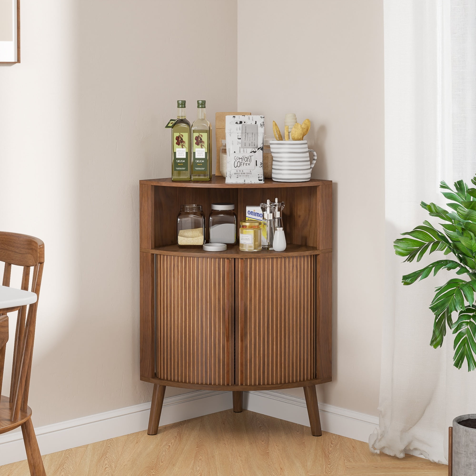 Bathroom Corner Storage Cabinet with Sliding Doors, Freestanding Floor Cabinet with Open Shelves for Kitchen, Living Room