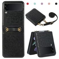 Dteck Case For Samsung Galaxy Z Flip 3 5G Shockproof Embossed Mandala Pattern Women's Wallet Case with Card Holder Detachable Shoulder Strap, Black