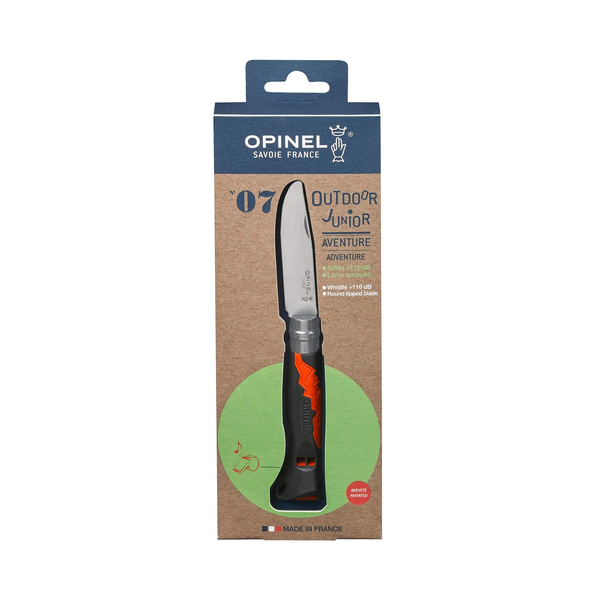 Opinel Outdoor Junior No. 07 Stainless Steel Folding Knife with Safety Rounded Tip, Integrated Whistle, Made in France (Orange)