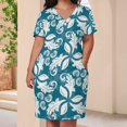 thumbnail image 3 of Teal White Floral Seamless Pattern Summer Sundress for Curve Women Casual Pattern Plus Size V Neck Short Sleeve Loose Fit Oversize Dresses, 3 of 5