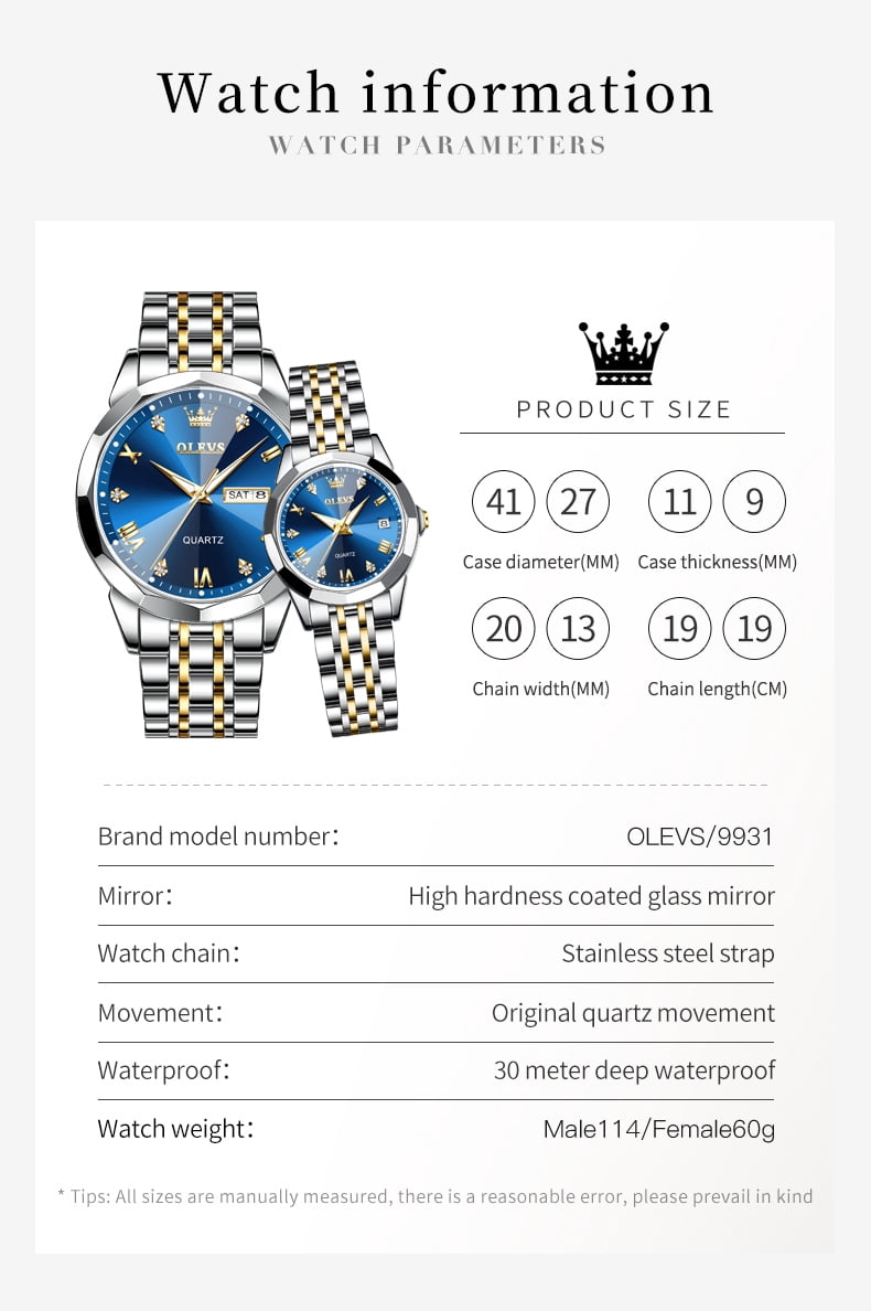 OLEVS Valentines Couple Pair Quartz Watches Luminous Calendar Date Window 3ATM Waterproof, Casual Stainless Steel His and Hers Wristwatch for Men Women Lovers Wedding Romantic Gifts Set of 2