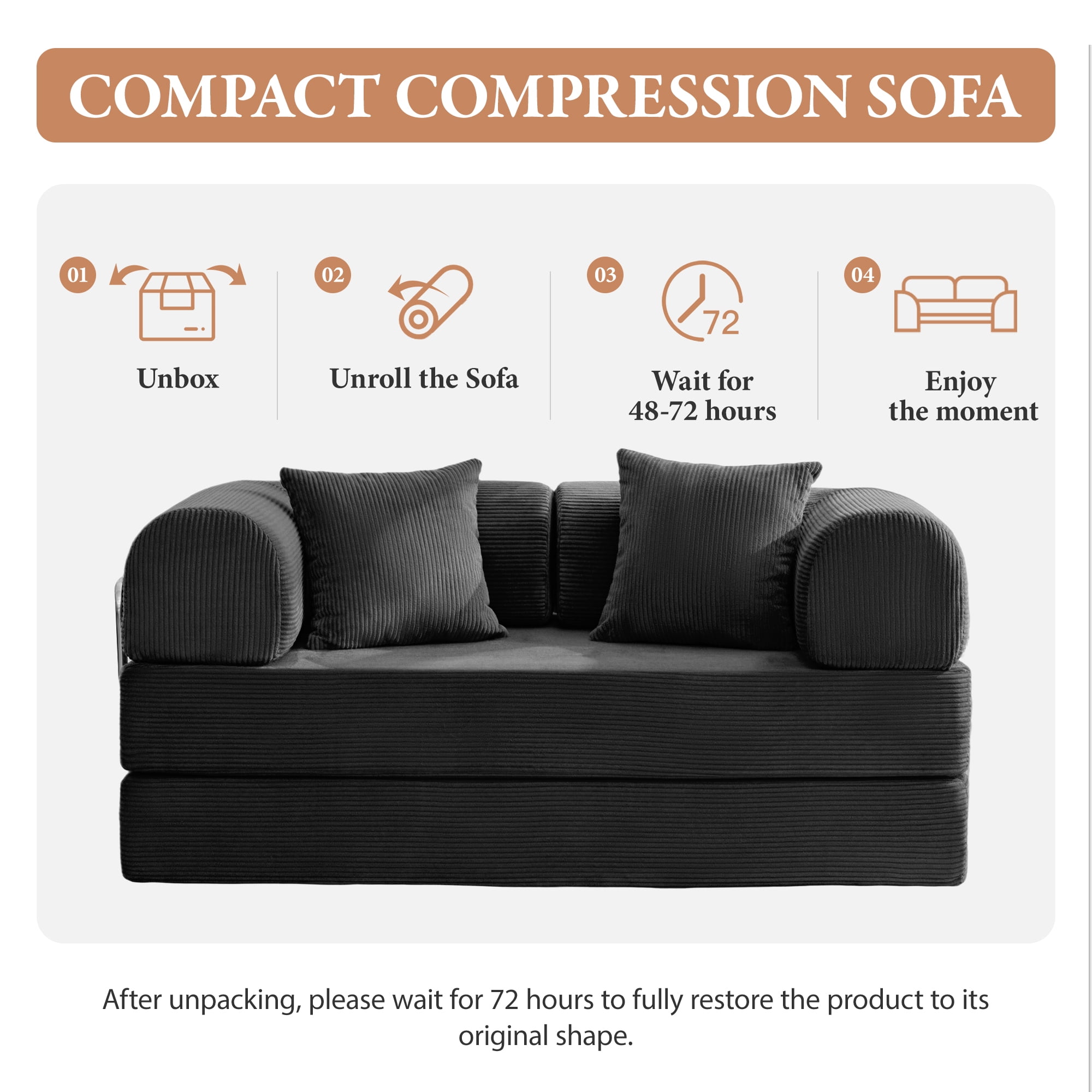 COOLHUT 63" W Combination Sofa, High Rebound Density Foam Sofa Couch, Two Forms Floor Couch Three Seats Sofa Bed for Living Room, Bedroom, Black
