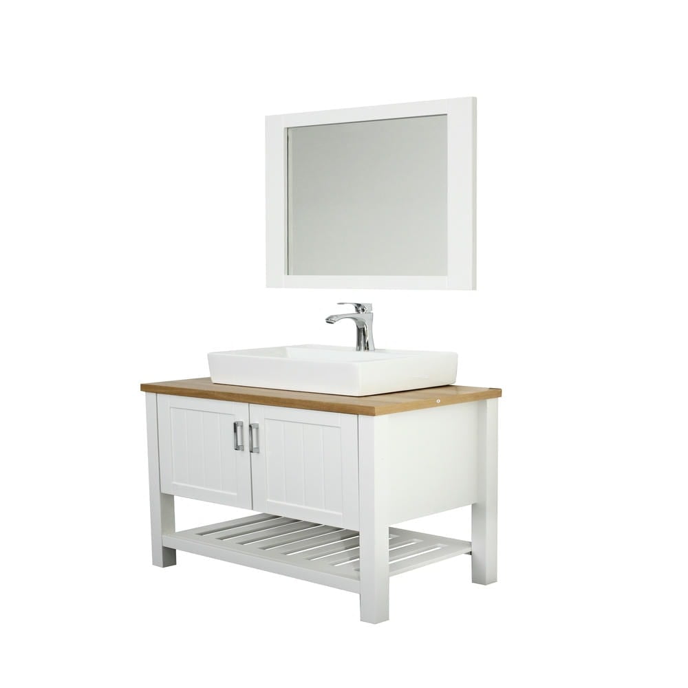 Canddidliike 32" Bathroom Vanity with Sink,Single Bathroom Vanities Cabinet with Doors and Open Shelf,Solid Wood Small Vanity with Sink Set for Indoor as Bathroom, White+Natural