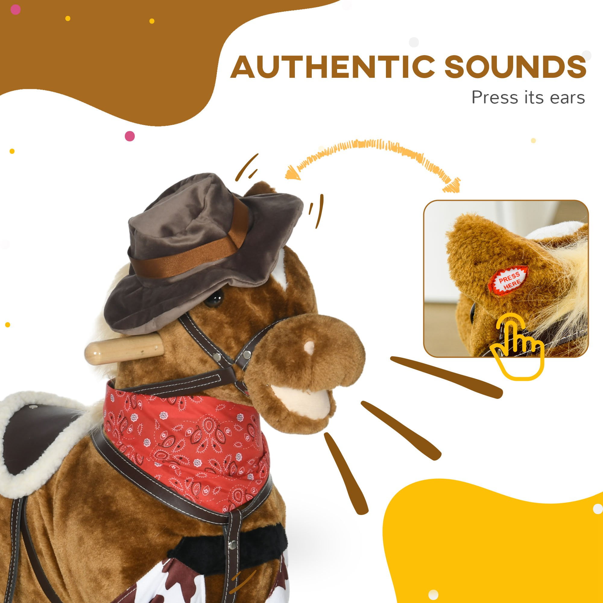 Qaba Baby Rocking Horse,Large Riding Horse,Plush Animal Rocker with Realistic Sound,Saddle,Toy for Boy Girl Ages 3-8 Years Old,Brown,Brown Plush Toys Kids Bikes Riding Toys