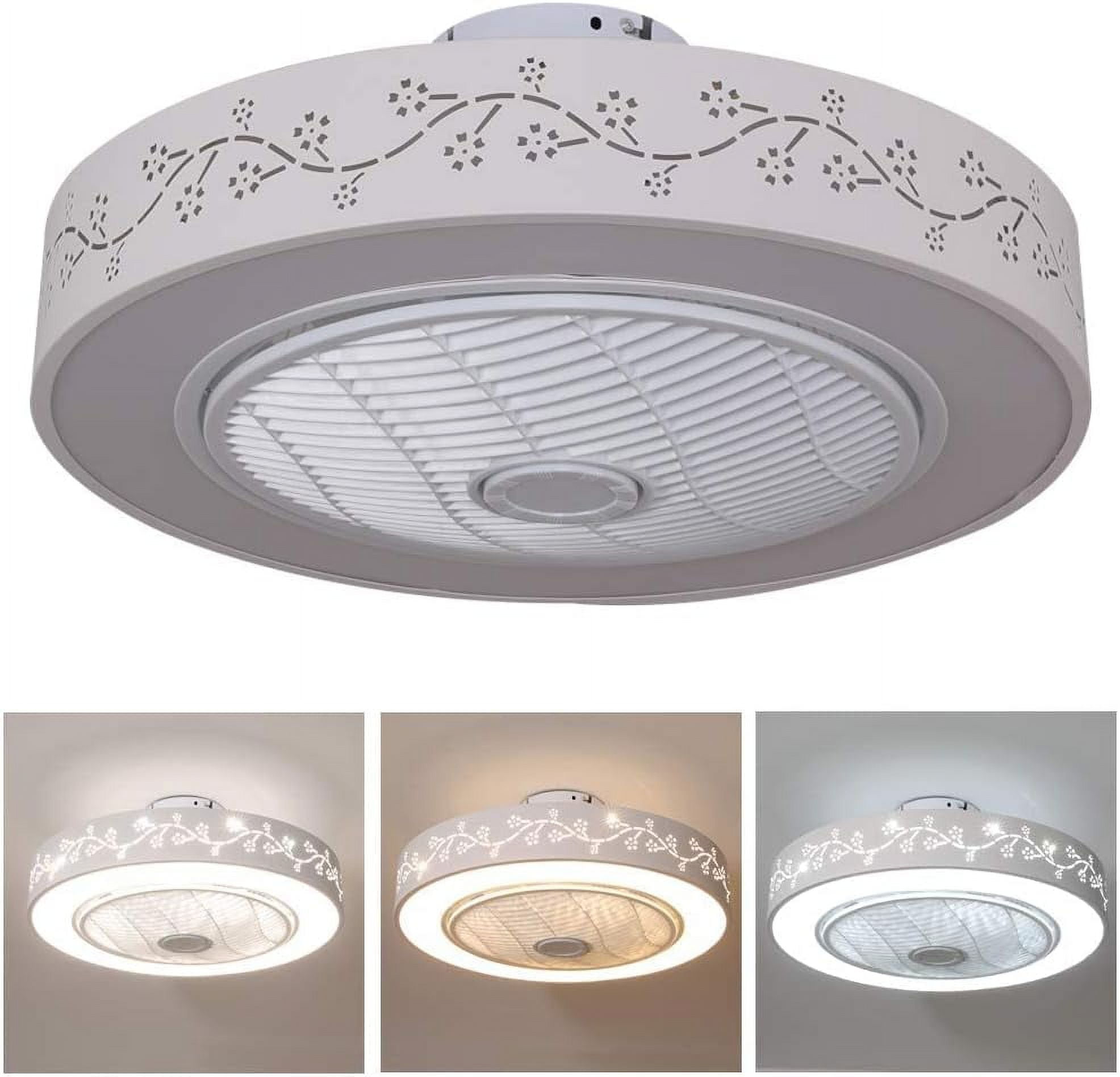 White 22" Ceiling Fan with Light, Modern Low Profile Fan with Remote & Smart APP Control 3 Colors 6 Speeds Semi Flush Mount Round Invisible LED Fan Chandelier for Bedroom Living Room