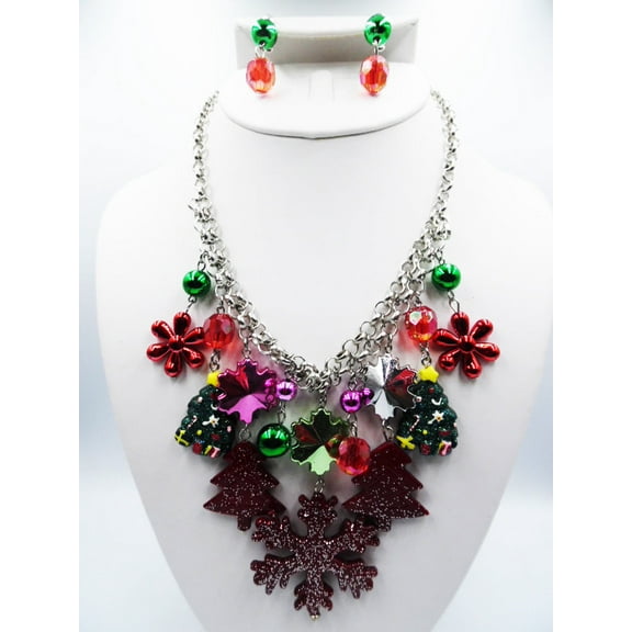 Clip on silver chain glitter Christmas charm necklace & earring set
