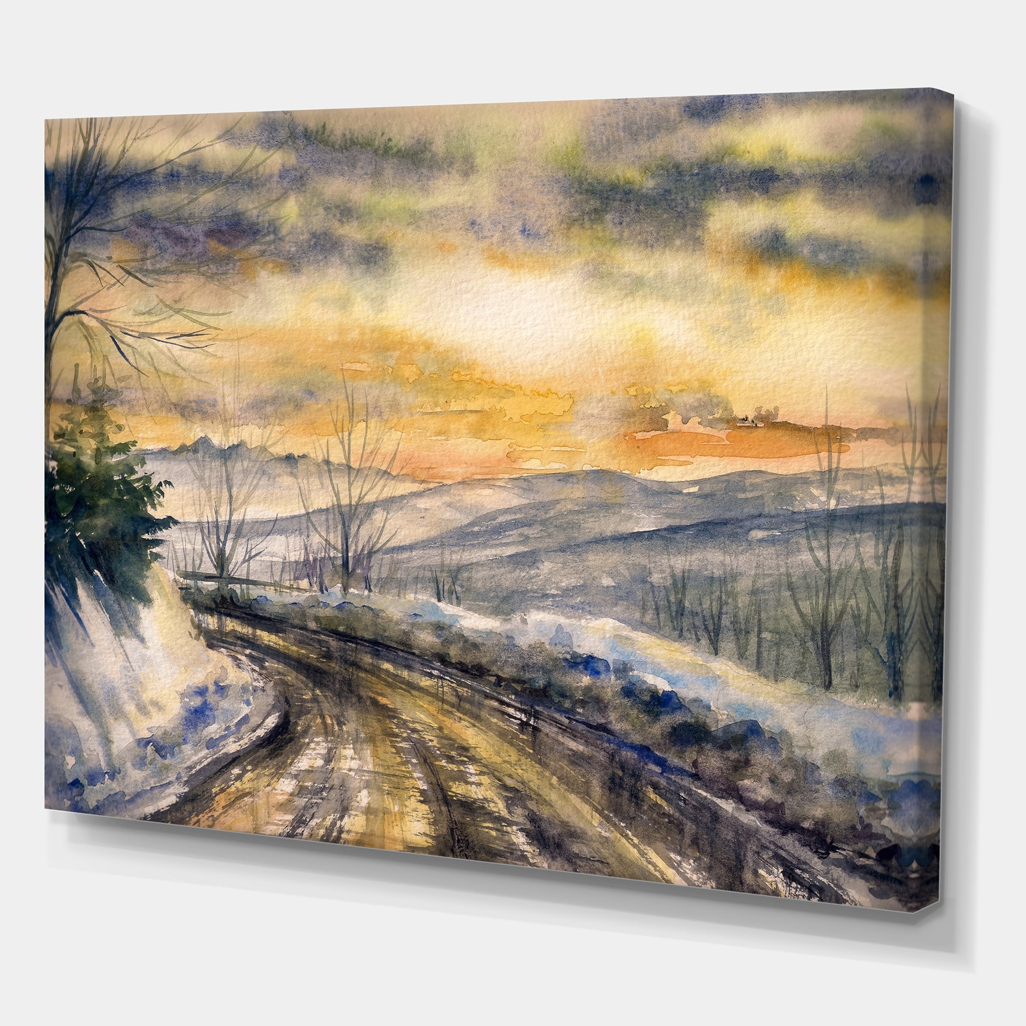 Designart ' Road Under Bright Sunset With Winter Landscape ' Traditional Canvas Wall Art Print