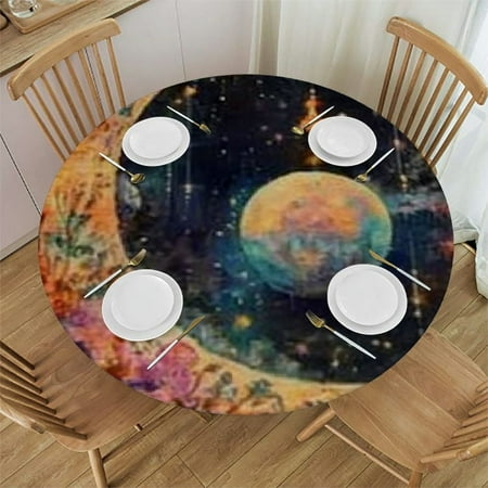 

Patifu Stars Planets Round Tablecloth 100% Polyester Stain-Resistant Washable for Indoor Outdoor Restaurant Wedding Party Kitchen Holiday Dinner Table Cloth 42 -46