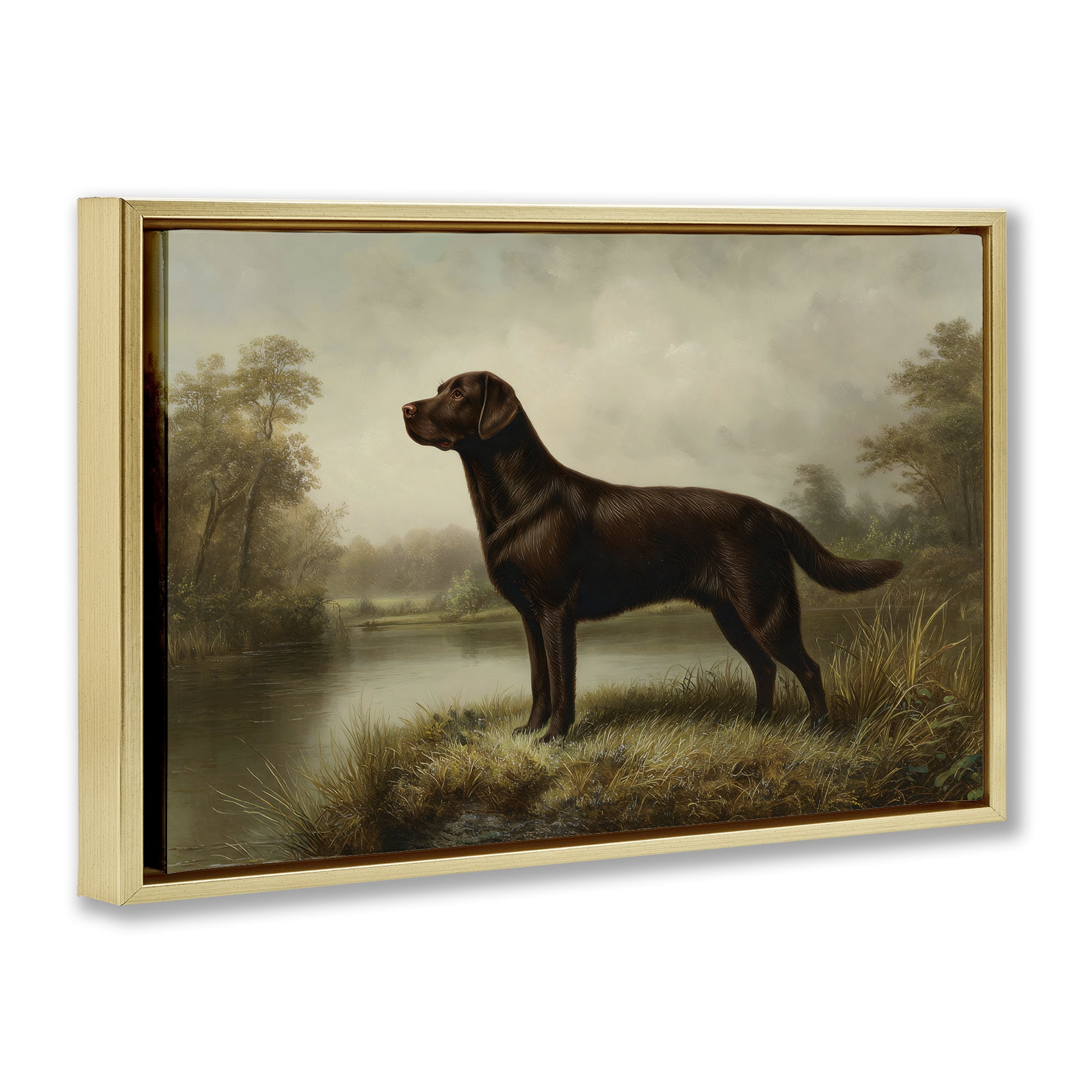 Stupell Industries On Alert Chocolate Lab Gold Framed Floater Canvas Wall Art, design by Petal Prints Design