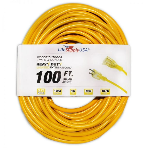 10/3 100ft SJTW Lighted End Extension Cord, 15 Amp, 125 Volt, 1875 Watt
